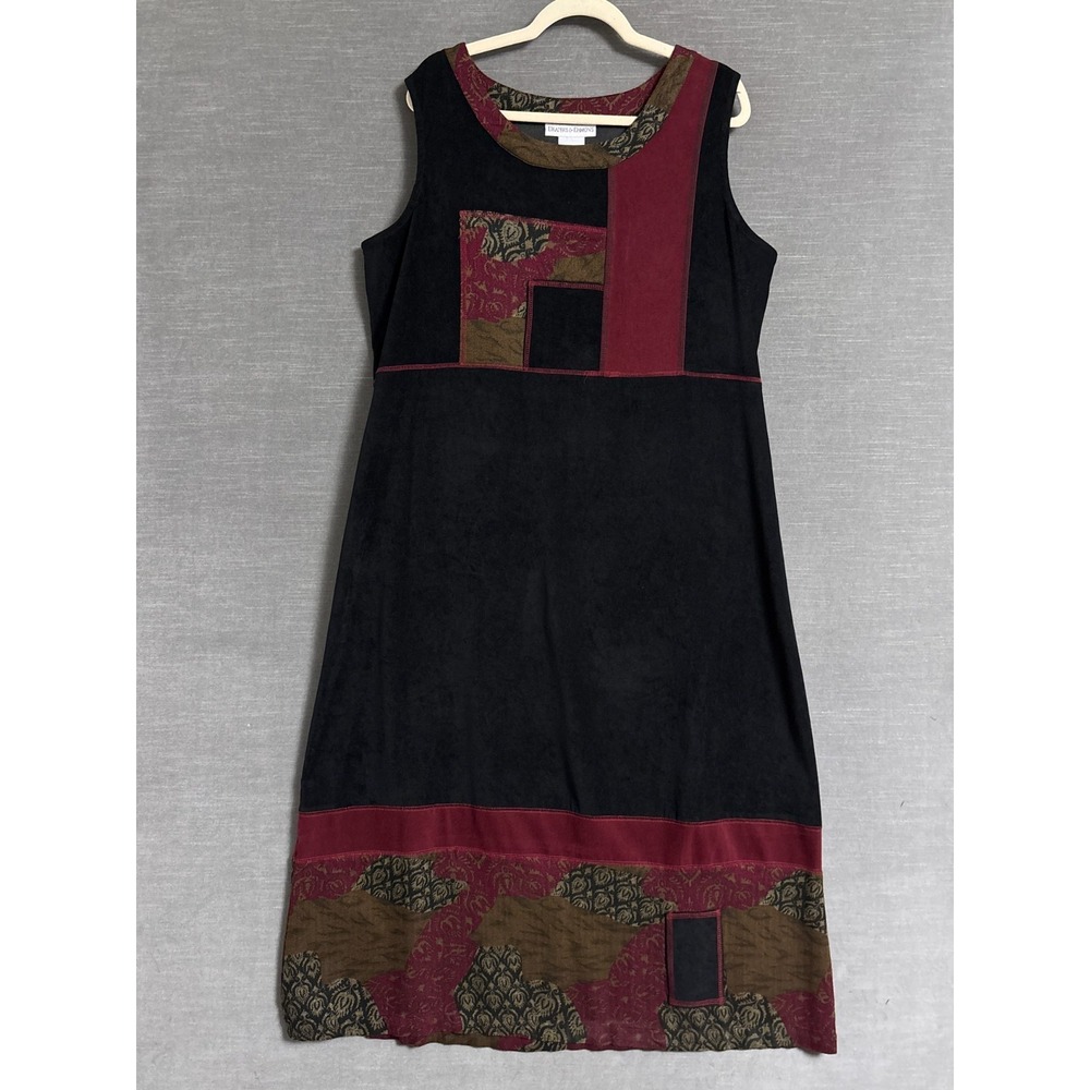 Vintage Drapers Damons Jumper Dress 18 Black Red Patchwork Midi 90s Boho Fall